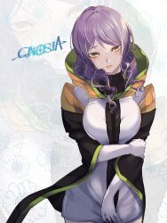 Rule 34 | 1girl, absurdres, closed mouth, gina (gnosia), gloves, gnosia, hair between eyes, heterochromia, highres, hood, hoodie, long sleeves, looking at viewer, lugh, medium hair, monochrome, multiple persona, purple hair, simple background, smile, solo, upper body, wavy hair
