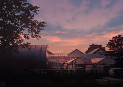 blue_sky building cloud cloudy_sky dark evening greenhouse original scenery shadow sky sunlight sunset tree twilight yk_funa