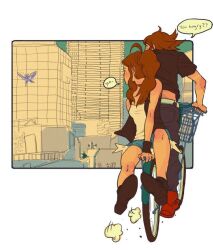 Rule 34 | 1boy, 1girl, ahoge, bicycle, black shirt, brown hair, city, crobat, elekid, exposed pocket, gen 1 pokemon, gen 2 pokemon, gen 5 pokemon, hilbert (pokemon), hilda (pokemon), machop, nintendo, olee, pikachu, pokemon, pokemon (creature), pokemon bw, riding, riding bicycle, shirt, trubbish