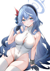 1girl absurdres ako_(blue_archive) alternate_hair_length alternate_hairstyle bare_shoulders black_gloves blue_archive blue_eyes blue_hair blush breasts chain cleavage commentary cuffs gloves hair_between_eyes hair_ribbon hairband halo highleg highleg_leotard highres large_breasts leotard long_hair looking_at_viewer ribbon shackles solo thighhighs white_leotard white_thighhighs yukineko1018