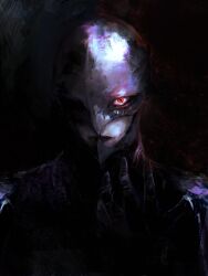1boy absurdres armor berserk black_background black_helm black_lips closed_mouth demon divine_being femto_(berserk) griffith_(berserk) hand_up helm helmet highres looking_at_viewer pale_skin partially_shaded_face red_eyes shoulder_armor solo xa8uofivf2mcart