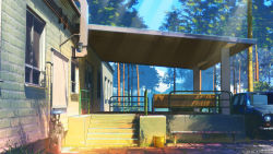 arsenixc bench building car day everlasting_summer forest grass light_rays motor_vehicle nature no_humans original photorealistic porch railing realistic scenery shade sky stairs sunbeam sunlight trash_can tree tree_shade veranda
