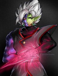 Rule 34 | 1boy, arm behind back, black bodysuit, black pants, bodysuit, caincosmos, colored sclera, colored skin, dragon ball, dragon ball super, earrings, energy blade, energy sword, fused zamasu, green skin, grey eyes, grin, heterochromia, jewelry, long sleeves, looking at viewer, melting, mismatched pupils, mismatched sclera, multicolored skin, mutation, pants, pointy ears, potara earrings, purple skin, red eyes, red sash, sash, sharp teeth, smile, solo, spiked hair, sword, teeth, weapon, white hair, yellow sclera