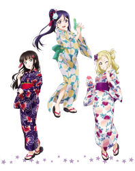 3girls :d aqua_eyes artbook black_hair blonde_hair blue_hair blush braid crown_braid floral_print flower food full_body hair_flower hair_ornament hair_rings high_ponytail highres holding japanese_clothes kimono kurosawa_dia long_hair looking_at_viewer love_live! love_live!_sunshine!! matsuura_kanan mole mole_under_mouth multiple_girls non-web_source obi official_art ohara_mari one_eye_closed open_mouth ponytail print_kimono purple_eyes purple_kimono sandals sash shaved_ice simple_background smile standing water_gun white_background yellow_eyes yukata