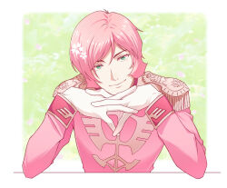 Rule 34 | 1boy, alternate color, ben-day dots, border, cherry blossoms, closed mouth, colored eyelashes, commentary, elbows on table, epaulettes, flower, garma zabi, gloves, green background, green eyes, gundam, hair between eyes, hair flower, hair ornament, head on hands, head tilt, highres, jacket, long sleeves, looking at viewer, male focus, military uniform, mobile suit gundam, murakami (mrkm3103), outside border, pink flower, pink hair, pink jacket, screentones, short hair, simple background, smile, solo, upper body, white border, white gloves