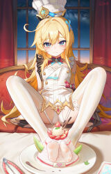 1girl absurdres blonde_hair blue_eyes blush breasts cake chef_hat closed_mouth curtains dress escoffier_(genshin_impact) feet_in_food food full_body genshin_impact hair_ornament hat highres hongshi_(13234456009) indoors long_hair looking_at_viewer panties plate short_dress sitting small_breasts solo spread_legs strawberry_cake striped_clothes striped_thighhighs thighhighs underwear vertical-striped_clothes vertical-striped_thighhighs very_long_hair white_dress white_panties white_thighhighs window