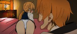1boy 1girl bed blonde_hair blush brother_and_sister crotch_seam highres indoors looking_at_another looking_back mushoku_tensei norn_greyrat orange_hair panties pervert ponytail rudeus_greyrat siblings sidelocks sister turning_head underwear white_panties
