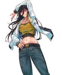 1girl absurdres black_hair breasts cowboy_shot crop_top dog_tags eiyuu_densetsu emilia_harling floating_hair hair_between_eyes highres jacket kai_no_kiseki kuro_no_kiseki_(series) large_breasts long_hair long_sleeves looking_at_viewer moren_eh multicolored_hair navel open_clothes open_jacket pants purple_eyes red_hair simple_background smile solo streaked_hair two-tone_hair white_background white_jacket