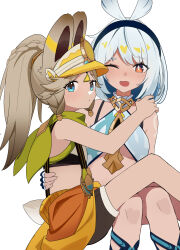 2girls absurdres animal_ears bare_shoulders blonde_hair blue_eyes brown_hair crop_top ehen_yyy feet_out_of_frame genshin_impact hairband highres hug kachina_(genshin_impact) long_hair looking_at_viewer midriff mualani_(genshin_impact) multiple_girls one_eye_closed open_mouth ponytail short_shorts shorts simple_background sitting sleeveless visor_cap white_background
