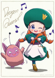 1girl 1other ;d absurdres antennae apron blue_eyes braid brown_shoes child clenched_hands commentary_request copyright_name dancing dragon_quest dragon_quest_monsters dragon_quest_monsters_2 dress eighth_note fushicho green_dress green_hat hat highres iru_(dq) key low_twin_braids motion_lines musical_note one_eye_closed open_mouth orange_hair pink_fur pointy_ears scruffy_(dragon_quest) shoes smile twin_braids waist_apron white_background