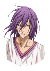 Rule 34 | 1boy, anime coloring, basketball uniform, collarbone, cropped torso, double-parted bangs, floating hair, glaring, hair between eyes, highres, jersey, kuroko no basuke, long hair between eyes, male focus, medium hair, murasakibara atsushi, official style, parted lips, pinstripe pattern, pinstripe shirt, sanpaku, shirt, simple background, solo, sportswear, sukenine, sweat, sweatdrop, tsurime, v-neck, v-shaped eyebrows, white background, white shirt