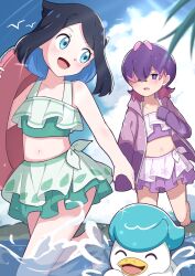 2girls black_hair blue_eyes blush closed_eyes dot_(pokemon) hair_ornament hair_over_eyes hairclip highres jacket liko_(pokemon) multicolored_hair multiple_girls nintendo ocean open_clothes open_jacket open_mouth pink_hair pokemon pokemon_(anime) pokemon_(creature) pokemon_horizons purple_eyes purple_hair quaxly short_hair smile starter_pokemon_trio swimsuit toumei_4869