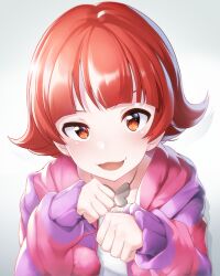 1girl butterfly_necklace flipped_hair highres hood hood_down hoodie idolmaster idolmaster_million_live! kakaobataa long_sleeves looking_at_viewer nonohara_akane open_mouth orange_eyes pink_hoodie pom_pom_(clothes) purple_hoodie red_hair shirt short_hair solo striped_clothes striped_hoodie upper_body white_shirt