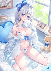 Rule 34 | 1girl, absurdres, balloon, bare shoulders, bed, bed sheet, blue bow, blue eyes, blue hairband, blue socks, blush, bow, bow bra, bow panties, bra, breasts, cable, cleavage, clock, collarbone, collared shirt, commentary request, commission, crossed bangs, digital clock, digital media player, gluteal fold, hair between eyes, hair bow, hair intakes, hairband, head tilt, heart, heart-shaped pillow, highres, indoors, korean commentary, large breasts, legs, light particles, long hair, long sleeves, looking at viewer, navel, off shoulder, on bed, original, panties, parted lips, picture frame, pillow, rangtori, second-party source, shirt, sidelocks, sitting, sleeves past fingers, sleeves past wrists, socks, solo, stomach, striped clothes, striped socks, stuffed animal, stuffed toy, teddy bear, thighs, underwear, very long hair, wariza, white bra, white hair, white panties, white shirt, window, yuksi (yuksi)