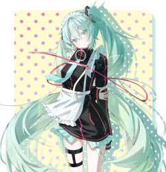 1girl absurdres alternate_costume apron arms_behind_back belt black_jacket blue_eyes breasts hair_between_eyes hashtag-only_commentary hatsune_miku highres jacket jersey jersey_maid leaning_to_the_side long_hair long_sleeves looking_at_viewer maid qiu_ri small_breasts solo thigh_belt thigh_strap track_jacket twintails unconventional_maid very_long_hair vocaloid waist_apron white_apron yellow_background