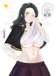 1boy 1girl artist_name black_clover black_hair blush breasts charmy_pappitson chibi chibi_inset cleavage closed_eyes closed_mouth clothes_lift collarbone cowboy_shot crop_top green_eyes hand_on_own_hip hands_on_own_hips highres holding hot jacket jewelry large_breasts lifting_own_clothes long_hair long_sleeves looking_at_viewer medium_breasts midriff miniskirt multiple_girls navel no_bra non-web_source one_eye_closed open_clothes open_mouth parted_bangs plaid_clothes plaid_skirt pleated_skirt rizaavana school_uniform shirt shirt_lift short_hair short_sleeves sidelocks simple_background skirt skirt_lift solo standing stomach sweat sweatdrop twitter_username underboob underwear undressing upper_body white_background white_shirt wiping_face wiping_sweat