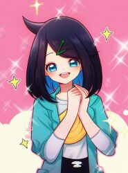 1girl :d absurdres alynn610 black_hair blue_eyes blue_hair blue_jacket colored_inner_hair hair_ornament hairclip highres jacket liko_(pokemon) looking_at_viewer medium_hair multicolored_hair nintendo open_mouth own_hands_together pink_background pokemon pokemon_(anime) pokemon_horizons shirt smile solo teeth twitter_username two-tone_background two-tone_hair upper_body upper_teeth_only white_background white_shirt