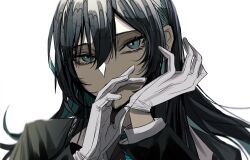1girl ado_(utaite) black_hair blue_hair chando_(ado) commentary english_commentary gloves gunjyou_(gunjyou_00) hair_between_eyes highres long_hair long_sleeves mole mole_under_eye open_mouth portrait removing_glove simple_background solo white_background white_gloves