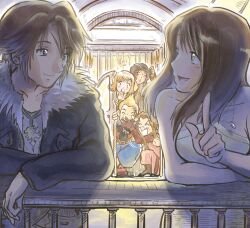 3boys 3girls black_hair black_jacket blonde_hair breasts brown_hair closed_mouth dress final_fantasy final_fantasy_viii flipped_hair glasses gloves hat highres irvine_kinneas jacket jewelry long_hair medium_breasts midnamana multiple_boys multiple_girls necklace open_mouth quistis_trepe rinoa_heartilly selphie_tilmitt skirt smile squall_leonhart zell_dincht