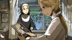 6+girls :o bird blonde_hair blue_eyes cat chicken clumsy_nun_(diva) commentary diva_(hyxpk) duck english_commentary english_text froggy_nun_(diva) green_raincoat grey_hair highres holding holding_photo little_nuns_(diva) long_hair mole mole_on_cheek mole_under_mouth mother_and_daughter motion_blur multiple_girls nun painting_(object) photo_(object) rain raincoat shirt smug_nun_(diva) spicy_nun_(diva) strict_nun&#039;s_mother_(diva) strict_nun_(diva) traditional_nun triangle_mouth white_raincoat white_shirt yellow_eyes yellow_raincoat