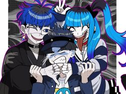 1girl 2boys amemiya_darumi artist_name artist_request black_hair blue_hair highres long_sleeves long_tongue maruko_gaku multicolored_hair multiple_boys omokage_yugamu open_mouth signature teeth the_hundred_line the_hundred_line_-last_defense_academy- thumbs_down tongue upper_teeth_only