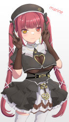 absurdres black_dress breasts collar dress esuki gloves heterochromia highres hololive houshou_marine red_eyes red_hair skirt thighhighs twintails v virtual_youtuber yellow_eyes zettai_ryouiki