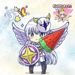 Rule 34 | 1girl, absurdres, angel wings, badge, black panties, black pantyhose, blue eyes, blush, bug, butterfly, chibi, closed mouth, crossover, food, frilled skirt, frills, full body, galacta knight, hand fan, highres, holding, holding weapon, insect, kirby&#039;s dream land, kirby (series), leather footwear, long hair, marihei64ds, mask, mask on head, naruse shiroha, nintendo, panties, pantyhose, popsicle, sailor collar, school uniform, shield, shirt, simple background, skirt, smile, solo, sparkle, standing, sticker, summer pockets, super kirby clash, underwear, v-shaped eyebrows, very long hair, watermelon bar, weapon, white hair, white shirt, white skirt, wings