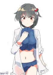 1girl absurdres bikini black_hair blue_bikini breasts frilled_bikini frilled_jacket frills hair_flaps hair_ornament hairclip highres jacket jingei_(kancolle) jingei_(swimsuit)_(kancolle) kantai_collection large_breasts long_hair low_ponytail official_alternate_costume one-hour_drawing_challenge ponytail red_eyes robinson_(day_l_full) see-through_clothes see-through_jacket simple_background solo swimsuit whale_hair_ornament white_background white_jacket