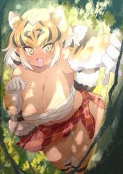 1girl absurdres animal_ears animal_print bandages black_hair blonde_hair breasts budget_sarashi chest_sarashi cleavage day elbow_gloves extra_ears fang foreshortening gloves groin highres kemono_friends large_breasts leaning_forward looking_at_viewer medium_hair multicolored_hair no_panties no_shirt okaasan_(okaasandx) open_mouth outdoors print_gloves print_thighhighs sarashi sidelocks skindentation skirt smile solo striped_tail tail thigh_gap thighhighs tiger_(kemono_friends) tiger_ears tiger_girl tiger_print tiger_tail torn_clothes torn_skirt white_hair yellow_eyes