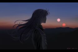 1boy black_border black_shirt border collared_shirt dark floating_hair from_behind highres hoshirube_sho j14o7 long_hair long_sleeves male_focus nijisanji outdoors purple_hair shirt sky solo sunset twitter_username upper_body vest virtual_youtuber white_vest