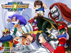 Rule 34 | 3girls, 5boys, animal ears, animal hands, armor, belt, black hair, blue belt, blue eyes, blue hair, blue shirt, blue skin, bravoman, bravoman (character), bravoman (series), breasts, brown eyes, brown footwear, brown hair, capcom, cat ears, cat girl, claws, cleavage, cleavage cutout, clothing cutout, colored skin, crossover, dress, facepaint, fangs, felicia (darkstalkers), fingerless gloves, genpei touma den, glasses, gloves, green armor, green eyes, hat, helmet, jacket, jiangshi, justice gakuen, kanda momo, lab coat, large breasts, hsien-ko, long hair, mask, minazuki kyouko, monmotarou (youkai douchuuki), multiple boys, multiple girls, namco, namco x capcom, navel, ofuda, open clothes, open jacket, open mouth, pink dress, pink headwear, purple hair, red dress, red gloves, red headwear, red sweater, shimazu hideo, shirt, shoes, short hair, shorts, smile, superhero costume, sweater, taira no kagekiyo, tank top, tarosuke (youkai douchuuki), darkstalkers, white fur, white gloves, white jacket, white shorts, wonder momo, yellow headwear, youkai douchuuki