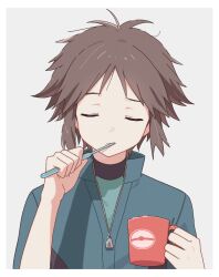 Rule 34 | 1boy, blue jacket, brown hair, closed eyes, closed mouth, cup, grey background, highres, holding, holding cup, holding toothbrush, jacket, male focus, nate (pokemon), nintendo, oromnt, pokemon, pokemon bw2, shirt, short hair, simple background, toothbrush, toothbrush in mouth, upper body
