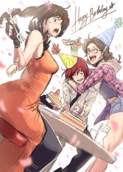3girls absurdres ass black_hair bracelet brown_eyes brown_hair cake chinese_clothes commentary dress dudou fingernails food food_print han_soo-min_(hanny) hanny_(uirusu_chan) highres hug jacket jewelry julia_chang leather leather_jacket ling_xiaoyu long_hair multiple_girls namco pants red_hair shirt smile tekken tekken_3 tekken_7 tekken_tag_tournament_2 tight_clothes tight_pants twintails yoga_pants