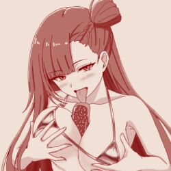 1girl bare_arms bare_shoulders between_breasts bikini blush breasts cleavage collarbone commentary_request donut dot_nose fellatio food food_between_breasts girls&#039;_frontline girls&#039;_frontline_2:_exilium grabbing_own_breast ice_cream large_breasts licking licking_food limited_palette long_hair long_sleeves looking_at_viewer lowres micro_bikini mosoro naughty_face open_mouth oral qbz-191_(girls&#039;_frontline) qiongjiu_(girls&#039;_frontline_2) sexually_suggestive shiny_clothes simple_background simulated_fellatio simulated_paizuri solo spaghetti_strap spread_fingers sprinkles string_bikini swimsuit teasing unaligned_breasts upper_body