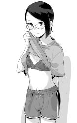 1girl blush bra breasts clothes_lift flying_sweatdrops glasses greyscale gundam gundam_suisei_no_majo highres lifted_by_tail makio_(makiomeigenbot) monochrome multicolored_hair navel nika_nanaura shirt shirt_lift short_sleeves shorts simple_background small_breasts solo swept_bangs t-shirt underwear webp-to-png_conversion