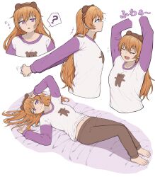 Rule 34 | +++, 1girl, ?, absurdres, animal ear hairband, animal ears, animal print, arms up, barefoot, bear ear hairband, bear ears, bear print, breasts, brown hair, brown hairband, brown pants, closed mouth, collarbone, commentary request, cropped torso, fake animal ears, full body, hairband, highres, interlocked fingers, konoe kanata, love live!, love live! nijigasaki high school idol club, lying, mayo e, medium breasts, midriff peek, multiple views, navel, on back, on bed, open mouth, own hands together, pants, print shirt, profile, purple eyes, purple sleeves, shirt, simple background, smile, speech bubble, spoken question mark, squeans, stretching, toes, white background, white shirt, zzz