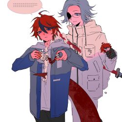 Rule 34 | ..., 2boys, ahoge, alternate body fluid, aotsuki eito, black gloves, black pants, black streaks, blood on gloves, blood on toy, blue eyes, blue jacket, candy gore, character doll, crushing, doll, entrails, glasses, gloves, grey eyes, grey hair, grey jacket, highres, holding, holding stuffed toy, hood, hoodie, impaled, injury, jacket, jacket over hoodie, male focus, mint1618680, multicolored hair, multicolored jacket, multiple boys, organs, pants, red hair, scythe, short hair, simple background, speech bubble, spoilers, streaked hair, stuffed toy, stuffing, sumino takumi, sword, the hundred line -last defense academy-, torn, two-tone jacket, weapon, white background, white hoodie, white jacket, white pants