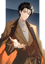 Rule 34 | 1boy, absurdres, black hair, brown jacket, buttons, coat, collared shirt, facial hair, formal clothes, grin, hand in pocket, highres, jacket, jewelry, long sleeves, looking at viewer, male focus, necklace, offering hand, okabe rintarou, open clothes, open coat, parted lips, shirase rin, shirt, short hair, sideburns stubble, smile, solo, steins;gate, striped clothes, stubble, suit, upper body, vertical-striped clothes, white shirt, yellow eyes
