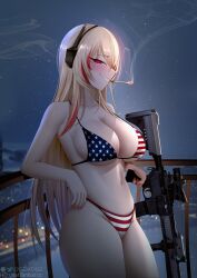 1girl american_flag american_flag_bikini american_flag_print assault_rifle balcony bikini blonde_hair cigarette fanbox_username finger_on_trigger flag_print flag_print_bikini gdat girls&#039;_frontline grin gun headgear ko-fi_logo ko-fi_username long_hair looking_to_the_side m4_carbine m4_sopmod_ii_(girls&#039;_frontline) multicolored_hair nail_polish night night_sky print_bikini rail_(weapon) red_eyes red_hair red_nails rifle sky smile smoke smoking streaked_hair swimsuit twitter_logo twitter_username vertical_forward_grip watermark weapon web_address