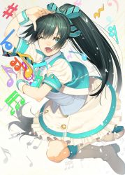 1girl :d bass_clef beamed_quavers black_hair blue_eyes boots bow costume crotchet_rest dress fang female_focus flat_sign ganaha_hibiki hair_bow hair_ribbon idolmaster idolmaster_(classic) long_hair musical_note nail_polish necktie ogino_(oginogino) one_eye_closed open_mouth ponytail quaver quaver_rest ribbon sharp_sign smile solo treble_clef