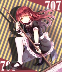 1boy 707_(susanghan_messenger) black_dress black_ribbon black_shoes blurry broom character_name closed_mouth crossdressing depth_of_field dress drop_shadow expressionless highres holding holding_broom long_hair looking_at_viewer maid male_focus male_maid mary_janes on_one_knee red_hair ribbon shoes striped_background susanghan_messenger tamagoyaki_(megane-daisuki) trap wrist_cuffs yellow_eyes
