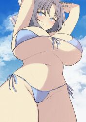 1girl absurdres arms_up bikini blue_bikini blue_eyes blush breasts chimunge cleavage cloud cloudy_sky cowboy_shot day grey_hair groin hair_ribbon highres huge_breasts large_breasts looking_at_viewer navel outdoors ribbon senran_kagura senran_kagura_estival_versus senran_kagura_shinovi_versus shiny_skin short_hair signature sky smile stomach swimsuit underboob yumi_(senran_kagura)