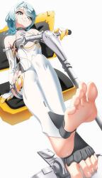 1girl absurdres barefoot blue_eyes blue_hair feet gloves highres long_hair looking_at_viewer lyinart seed_(zenless_zone_zero) smile soles stirrup_legwear toeless_legwear toes zenless_zone_zero