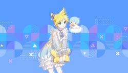 1boy ascot blonde_hair bloomers blue_ascot blue_background blue_hair blue_ribbon brooch buttons capelet character_doll closed_mouth cloud colorful_palette diagonal_stripes doll dot_nose double_horizontal_stripe feet_out_of_frame frilled_capelet frilled_nightgown frilled_sleeves frills glitter green_eyes hair_ribbon high_ponytail highres jewelry kagamine_len kiki_(little_twin_stars) light_blue_hair little_twin_stars long_sleeves looking_at_another male_focus nightgown no_nose official_art parted_bangs parted_lips patterned_clothing pillow ponytail project_sekai ribbon sanrio see-through_clothes see-through_sleeves short_ponytail simple_background sleepwear smile solid_circle_eyes star-shaped_pillow star_brooch striped_background third-party_source triangle underwear v_arms vertical_stripes vocaloid white_bloomers white_capelet white_nightgown wide-eyed wrist_bow