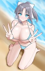 1girl absurdres bare_shoulders beach bikini blue_bikini blue_eyes blush bow breasts cleavage collarbone day double_v feet grey_hair groin hair_bow highres huge_breasts kneeling large_breasts legs lemonshioo medium_hair micro_bikini ocean outdoors ponytail senran_kagura short_ponytail smile solo swimsuit thighs toes v yumi_(senran_kagura)