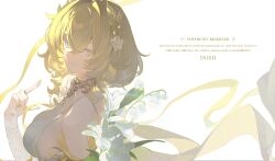 Rule 34 | 1girl, aglaea (honkai: star rail), blonde hair, breasts, cleavage, dress, flower, from side, green eyes, highres, honkai: star rail, honkai (series), jewelry, large breasts, laurel crown, looking at viewer, nizi w, ring, short hair, simple background, smile, solo, thread, white background, white dress, white flower, yellow nails