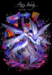 1boy boots brown_boots character_name chinese_commentary closed_mouth coat commentary_request dated earrings english_text full_body grey_coat halo happy_birthday highres jewelry male_focus melting_halo multiple_wings pink_halo red_eyes saibou_shinkyoku smile solo standing theodore_riddle tina-humao white_wings wings