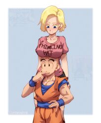 android_18 bald bald_male black_eyes blonde_hair blue_eyes blush breast_rest breasts breasts_on_head couple dragon_ball happy highres husband_and_wife kuririn muscular muscular_male smile thinking