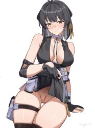 1girl absurdres bare_shoulders black_dress black_hair blush boyin breasts breasts_apart censored clothes_lift colored_inner_hair commentary_request dress dress_lift earrings female_rover_(wuthering_waves) gloves grey_hair hair_intakes hair_ornament hair_ribbon hairclip highres jewelry large_breasts lifting_own_clothes looking_at_viewer mosaic_censoring multicolored_hair no_panties presenting pussy ribbon rover_(wuthering_waves) simple_background solo thigh_strap thighs variant_set white_background wuthering_waves yellow_eyes yellow_ribbon