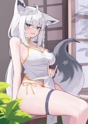 1girl \m/ absurdres alternate_costume animal_ears bare_shoulders breasts chinese_clothes cleavage cleavage_cutout clothes_lift clothing_cutout commentary deaver extra_ears fox_ears fox_girl fox_tail gold_panties gold_trim highres hololive large_breasts looking_at_viewer on_table panties paw_print pelvic_curtain pelvic_curtain_lift pentagram shirakami_fubuki side-tie_panties sitting solo table tail thick_thighs thigh_strap thighs underwear virtual_youtuber white_hair